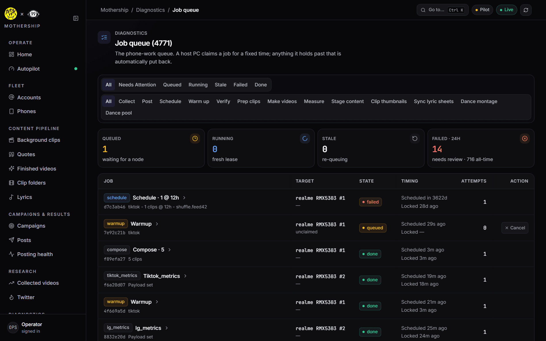 Mothership job queue showing queued, running and failed jobs with leases per phone