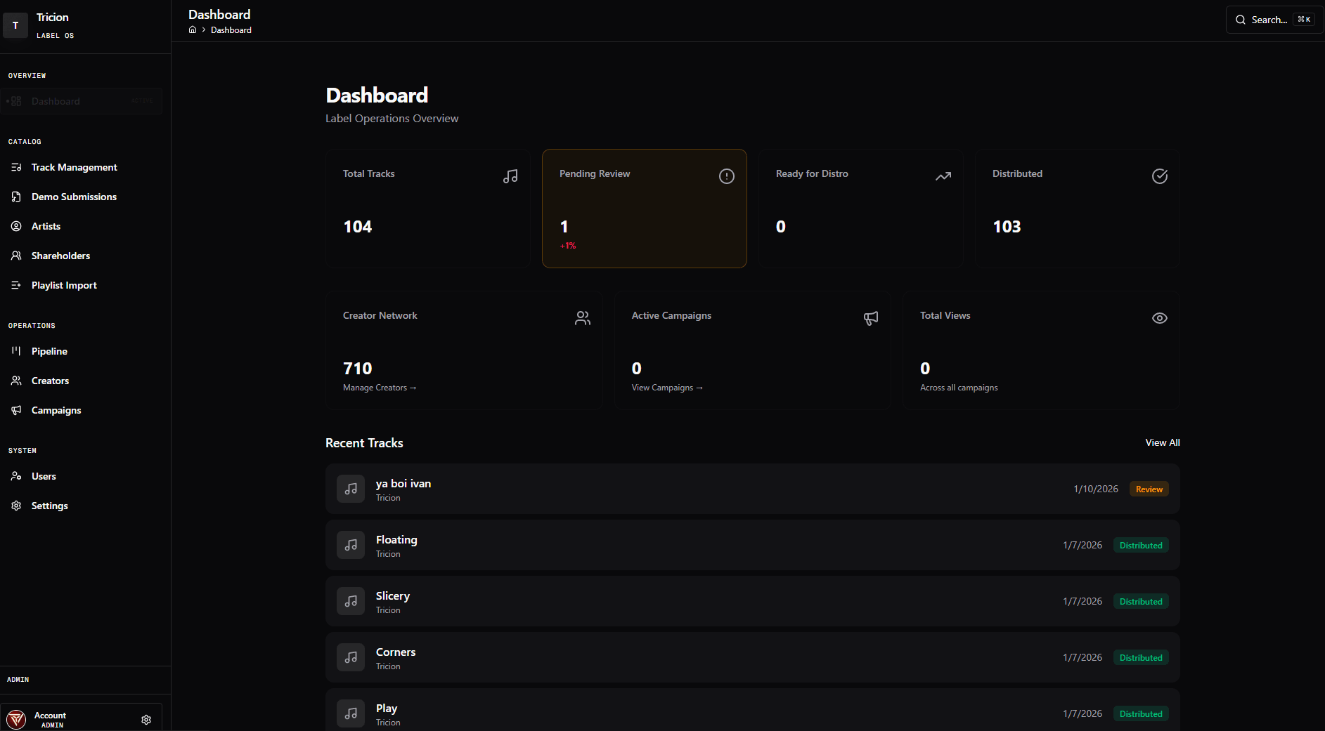 Label OS dashboard with track management