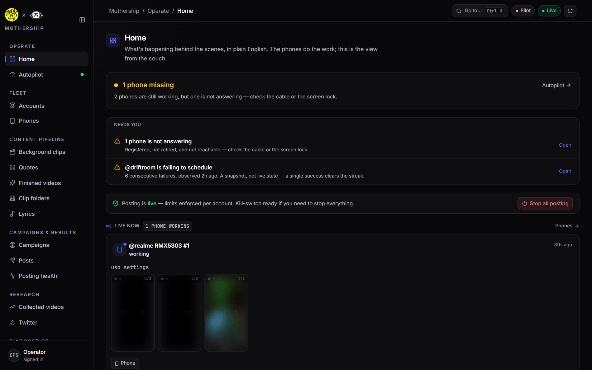 Mothership operator console showing fleet status