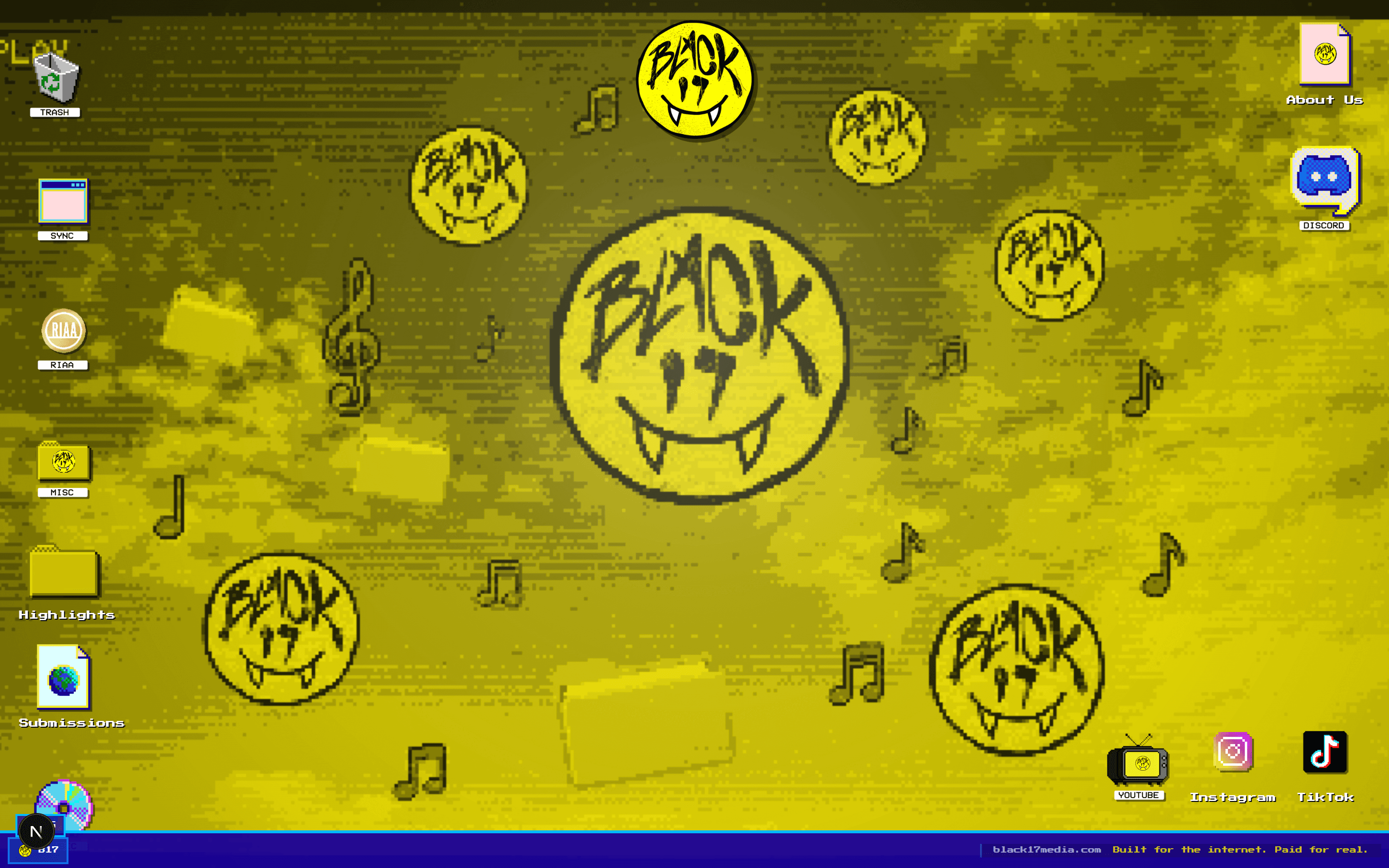 Black 17 Media’s yellow desktop-style website with custom icons and its hand-drawn smiley logo