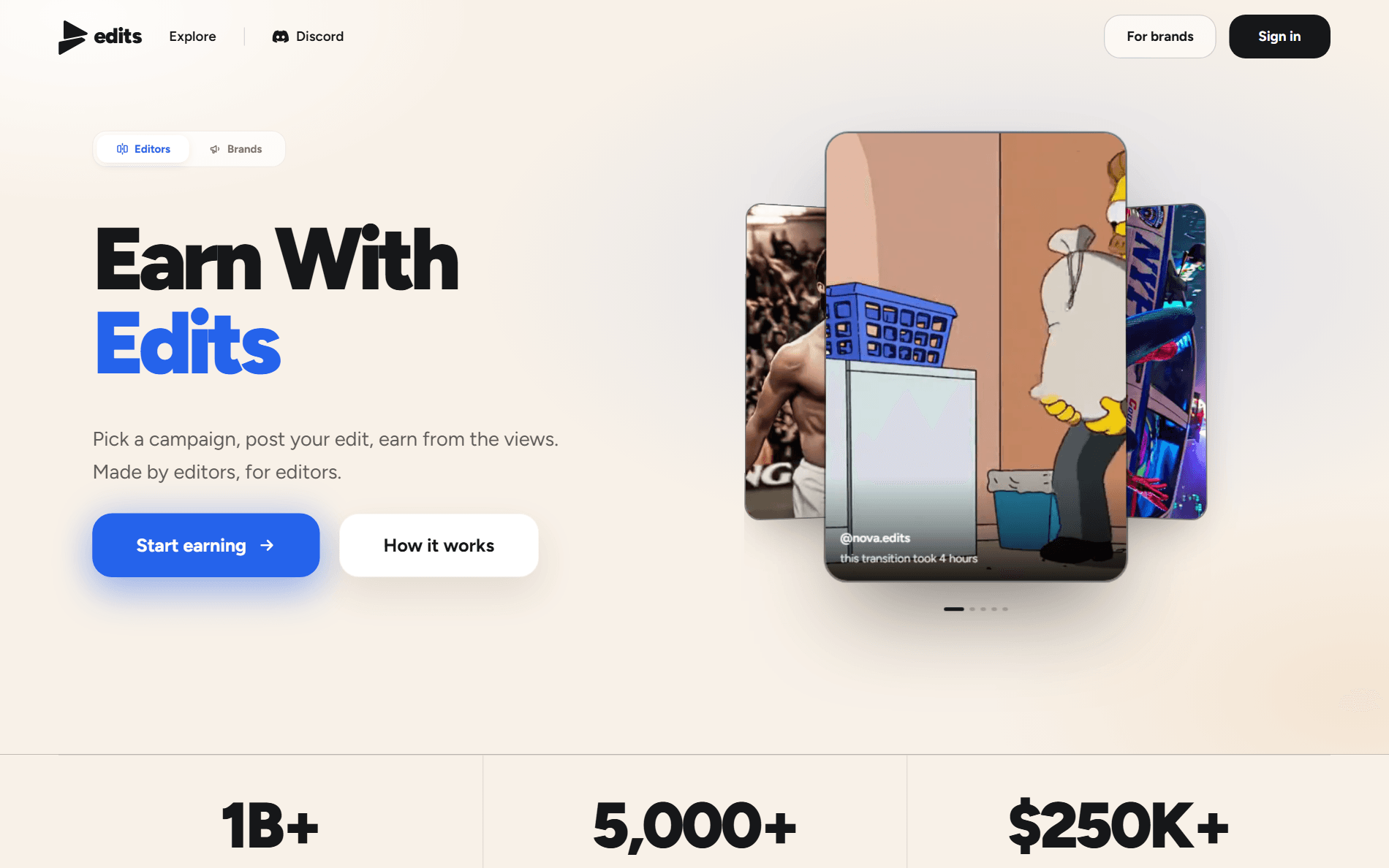 edits.gg campaign marketplace homepage featuring short-form video creators